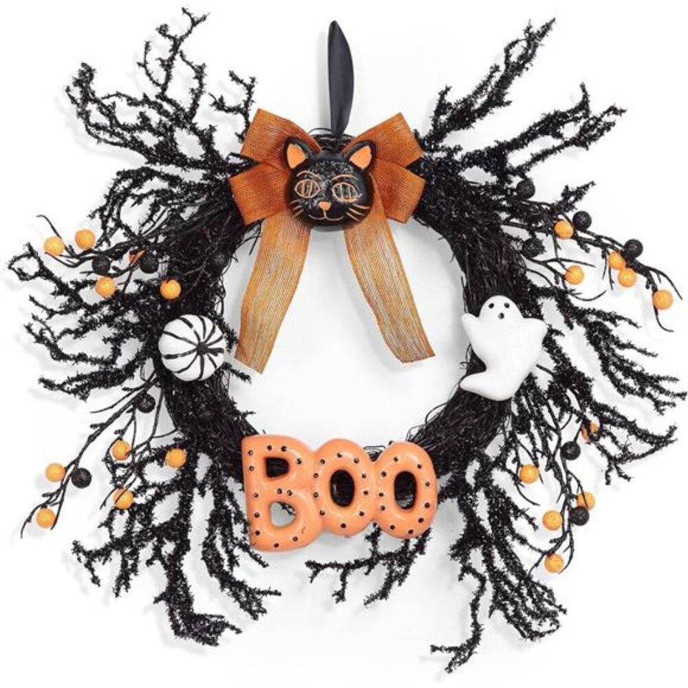 New‎ Halloween Wreaths for Front Door, 18Inch Halloween Wreath with Black